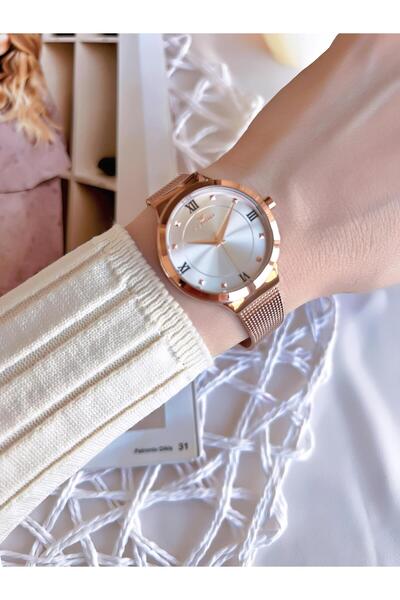 FERRO ساعة يد نسائية بتصميم خاص باللون الذهبي الوردي مقاومة للتشويه 3 ATM مع حبل من القش BF21040CWT