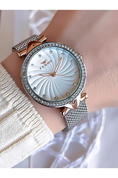 FERRO Silver/Rose Anti-tarnish Color Anti-throw 3 Atm Special Design Women's Wristwatch with Straw Cord BF2665CWT-E