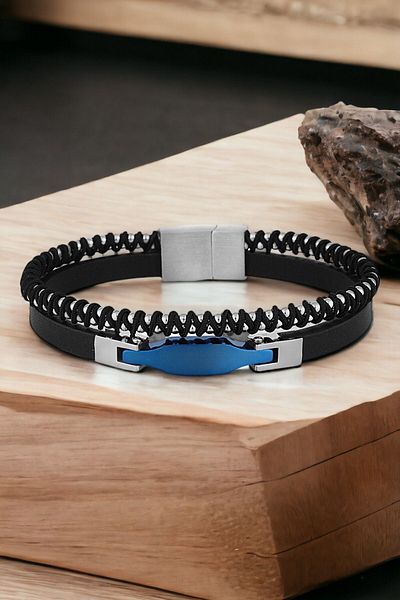 Daniel Klein Original Men's Bracelet Genuine Leather Stainless Steel Detailed Black Color with Magnet Buckle DKEBLK2002C3