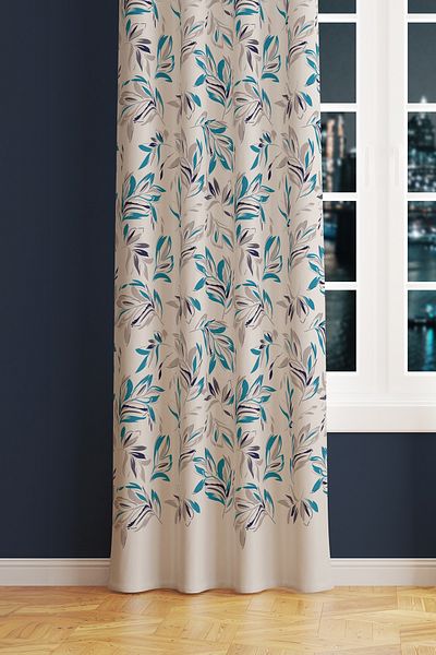 Moud's Blue Flower Patterned Suede Living Room Hall Background Curtain Printed Extrafor Drawstring SINGLE WING PRD-1055