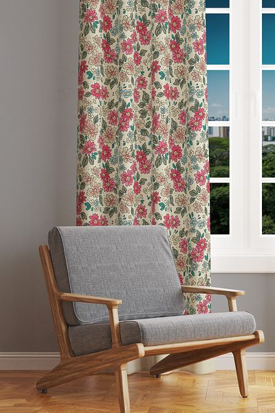 Moud's Retro Floral Patterned Suede Living Room Hall Background Curtain Printed Extrafor Drawstring SINGLE WING PRD-1038