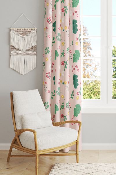 Moud's Green Pink Leaf Patterned Suede Living Room Hall Background Curtain Extrafor Drawstring SINGLE WING PRD-1035