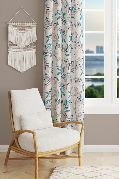 Moud's Blue Flower Patterned Suede Living Room Hall Background Curtain Printed Extrafor Drawstring SINGLE WING PRD-1055