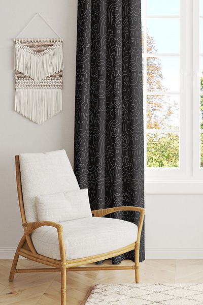 Moud's Black Faces Patterned Suede Living Room Hall Background Curtain Printed Extrafor Drawstring SINGLE WING PRD-1070