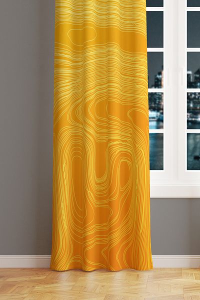 Moud's Suede Patterned Yellow Wave Style - Living Room Background Curtain Printed Extraphore Drawstring, Single Wing
