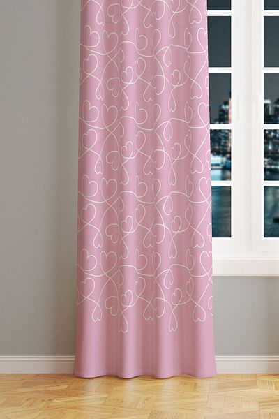 Moud's Pink Hearts Patterned Suede Living Room Hall Background Curtain Printed Extrafor Drawstring SINGLE WING PRD-1045