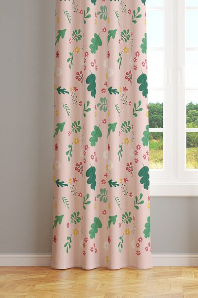 Moud's Green Pink Leaf Patterned Suede Living Room Hall Background Curtain Extrafor Drawstring SINGLE WING PRD-1035