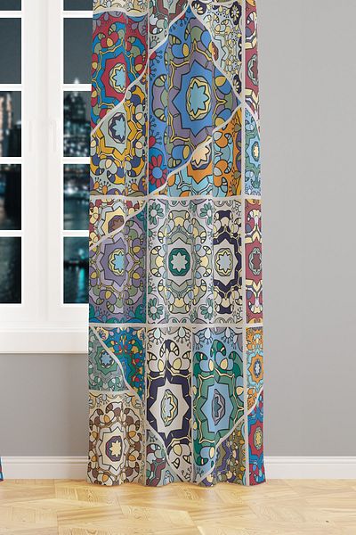 Moud's Mosque Tiles 4 Patterned Suede Living Room Hall Background Curtain Printed Extrafor Drawstring SINGLE WING PRD-1087