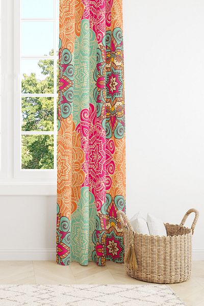 Moud's Mandala Patterned Suede Living Room Hall Background Curtain Digital Printed Extrafor Drawstring SINGLE WING PRD-1099