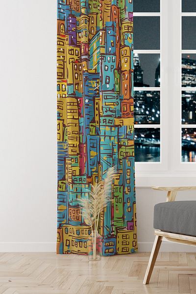 Moud's City Art Patterned Suede Living Room Hall Background Curtain Printed Extrafor Drawstring SINGLE WING PRD-1092