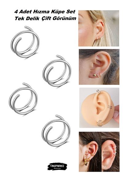 Takıparkxs 4 Pieces Set - Stainless Anti-Tarnish Single Hole Piercing Ring Speed Stud Earring, 0.08mm Bar, 8mm Diameter