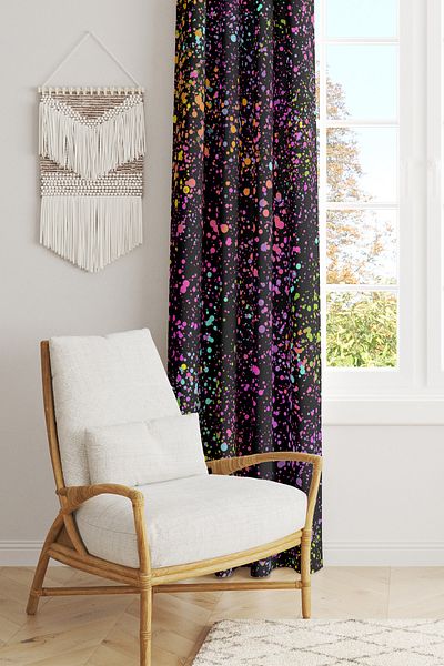 Moud's Black Brush Patterned Suede Living Room Hall Background Curtain Printed Extrafor Drawstring SINGLE WING PRD-1068