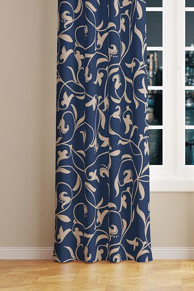 Moud's Navy Vintage 2 Patterned Suede Living Room Hall Background Curtain Printed Extrafor Drawstring SINGLE WING PRD-1065