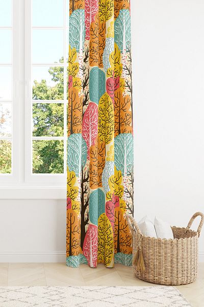 Moud's Colorful Tree Patterned Suede Living Room Hall Background Curtain Printed Extrafor Drawstring SINGLE WING PRD-1090