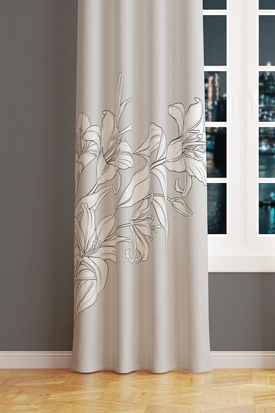 Moud's White Flowers Patterned Suede Living Room Hall Background Curtain Printed Extrafor Drawstring SINGLE WING PRD-1052