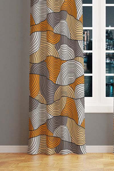 Moud's Orange Gray Line Patterned Suede Living Room Hall Background Curtain Printed Extrafor Drawstring SINGLE WING