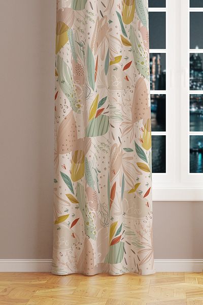 Moud's Xero Floral 2 Patterned Suede Living Room Hall Background Curtain Printed Extrafor Drawstring SINGLE WING PRD-1080