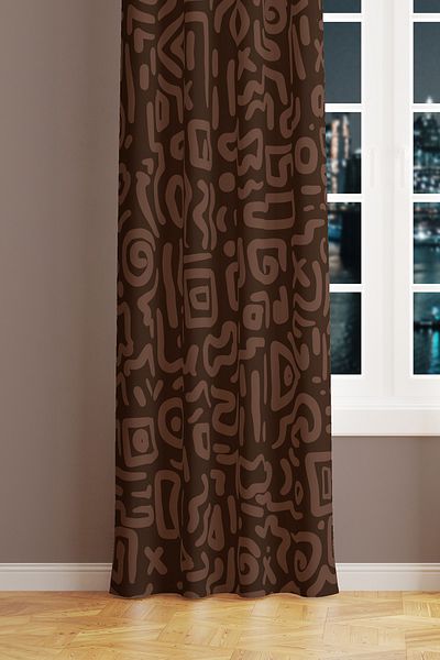 Moud's Brown Symbols Patterned Suede Living Room Hall Background Curtain Extrafor Drawstring SINGLE WING PRD-1077