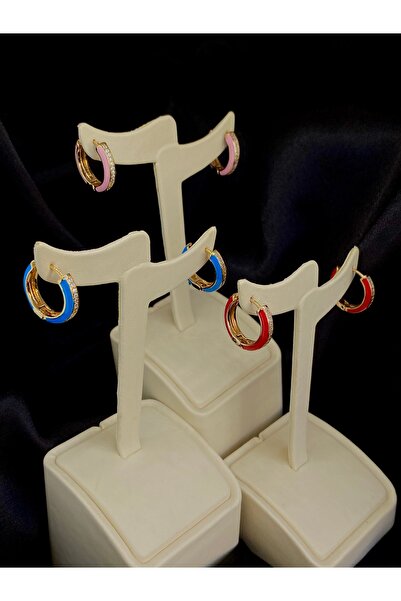 TAKIBOX Şerit Taşlı ve Renkli Mineli Gold Halka Küpe