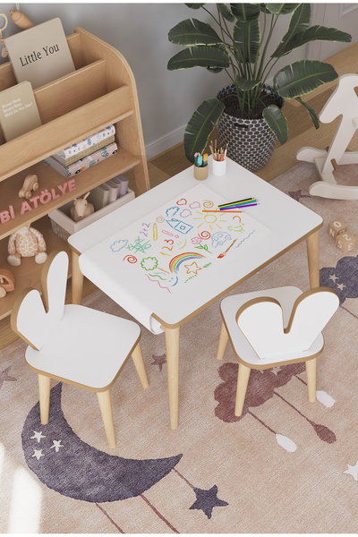 OBİ Atölye Resim Kağıdı Rulolu Çocuk Aktivite Masası 60x45 Cm 2 Sandalyeli Tavşan Sandalye