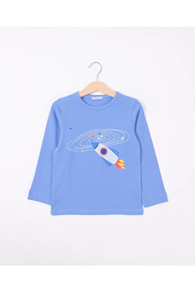 Bubuga Erkek Çocuk %100 Pamuk Gök Mavi Renk Uzay Basklı Uzun Kol Tshirt
