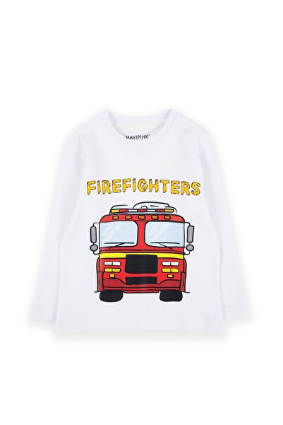 Bubuga تيشيرت للأولاد 100% قطن أبيض اللون مطبوع عليه رجال الإطفاء بأكمام طويلة