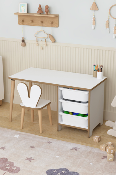 OBİ Atölye 3 Çekmeceli Aktivite Masası Çocuk Oyun Masası Tavşan Sandalyeli Oyuncak Dolabı