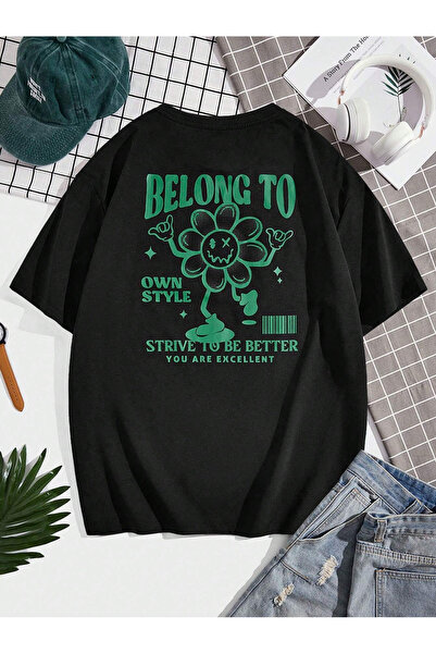 Jose Clothing تي شيرت كبير الحجم مطبوع باللون الأسود من القطن العضوي - كم قصير