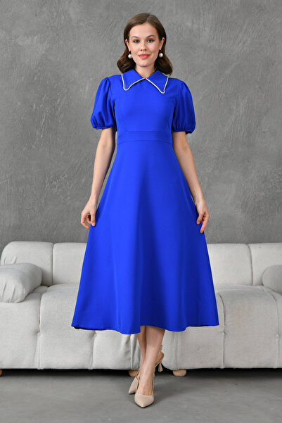 vuvutasarım Women's Stone Printed Shirt Collar Short Balloon Sleeve Midi Length 125 cm Flared Cut Saks Blue Dress 2073