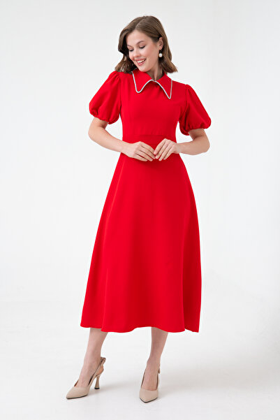 bayansepeti Kadın Yakası Taş Detaylı Kısa Kollu Midi Boy Kloş Kesim Kırmızı Elbise 2073