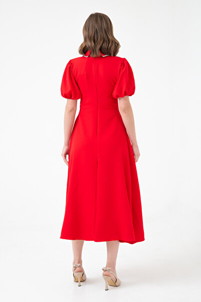 bayansepeti Kadın Yakası Taş Detaylı Kısa Kollu Midi Boy Kloş Kesim Kırmızı Elbise 2073