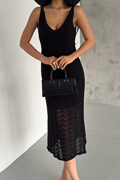 lovebox Rochie de damă fără mâneci cu decolteu în V, lungime midi, căptușită, tricotaje, țesătură oversize, rochie neagră de plajă de vară 2043