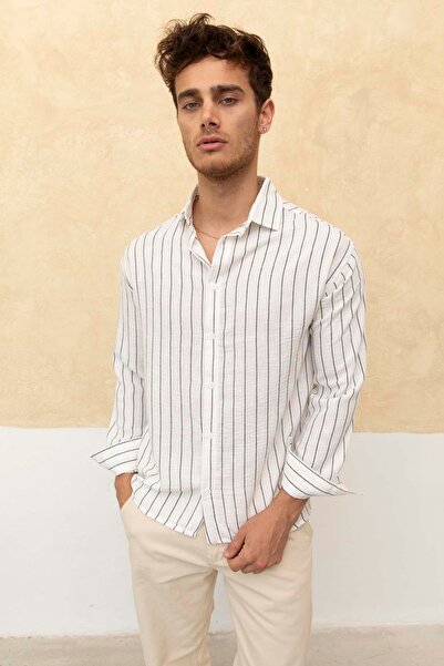 Tarz Cool Чоловіча сорочка в біло-чорну смужку - Relax Fit