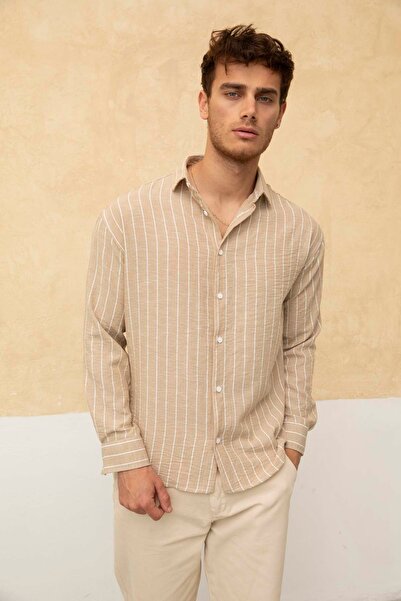 Tarz Cool Ανδρικό πουκάμισο Cream Relax Fit Line με λεπτομέρειες