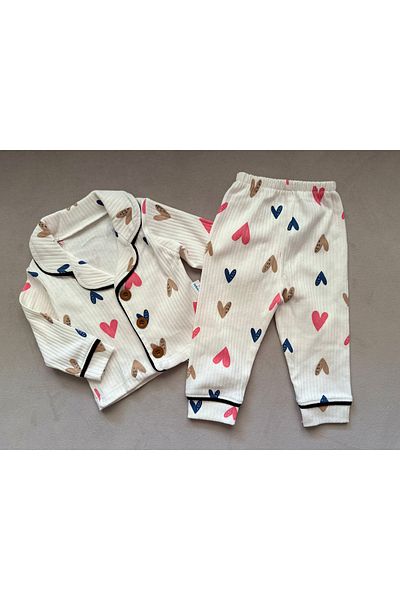 SANTRALBEBE Girl's Heart Front Buttoned Cotton Pajamas Set