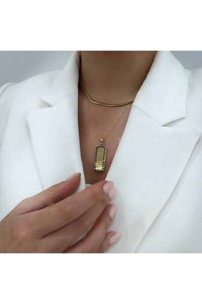 byBurak GOLD Antik Desenli Dikdörtgen Plaka Madalyon Kolye Ucu