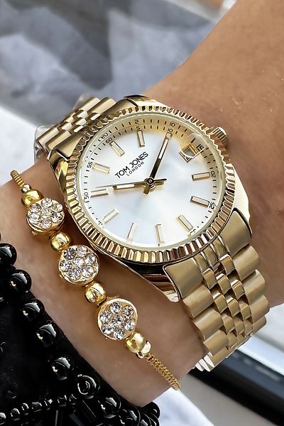 Tom Jones Women's Wristwatch Small Case 3 Atm Waterproof Gold Color Steel Cord + Bracelet TJBY2009C1