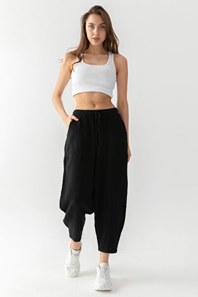 EtkiModa Kadın Siyah Müslin Kumaş Pens Paça Otantik Şalvar Pantolon