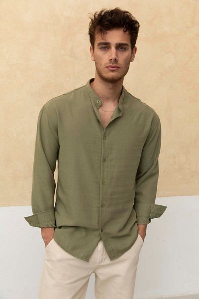 Tarz Cool Slim Fit Narrow Fit Long Sleeve Crew Collar Cotton Linen Effect Shirt