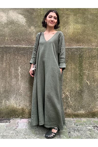 soBasic V-Neck Long Sleeve Pocket Detail 100% Linen Oversize Long Dress-STD - Khaki