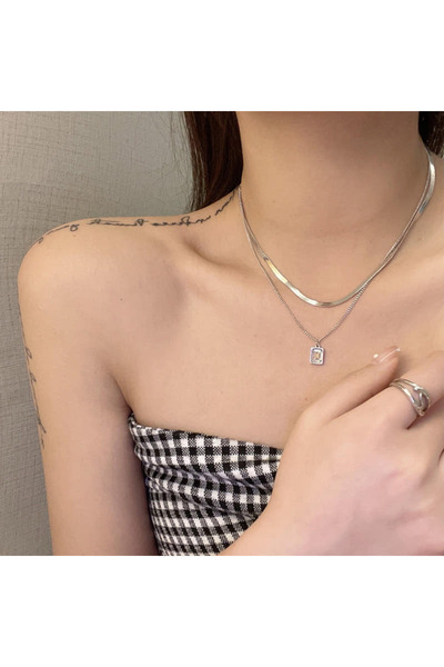 ESJ Stainless Steel Crush Chain Layered Zircon Necklace 2'Li Women Lever Silv...