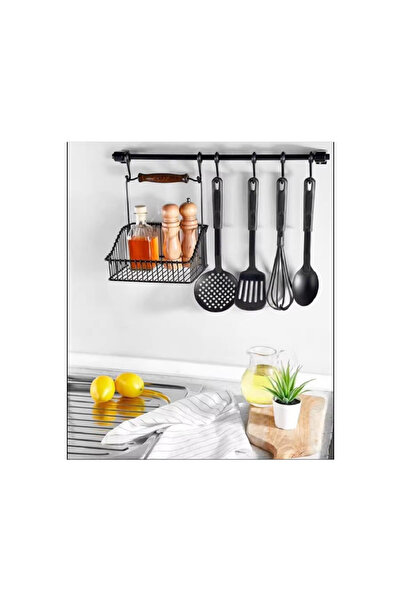 Ermek Retro Askılı Mutfak Sepeti TezgahÜstü DuvarAskılı Ahşap KulpluDüzenleyici Organizeri Siyah Askı Set