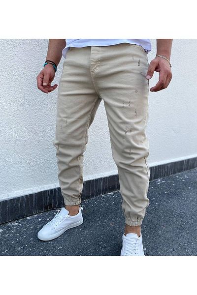 Oliggopol Ανδρικό κρεμ τζιν Boyfriend Jogger με ελαστικά πόδια