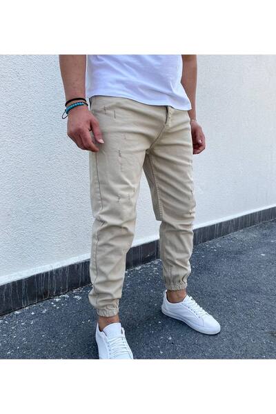 Oliggopol Men's Cream Elastic Leg Boyfriend Jogger Jeans