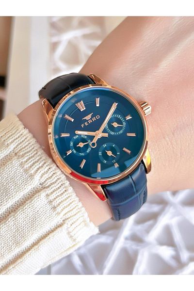FERRO Leather Cord Inner Functions Work 3 Atm+Calendar Special Design Women's Wristwatch BFM1905BWT