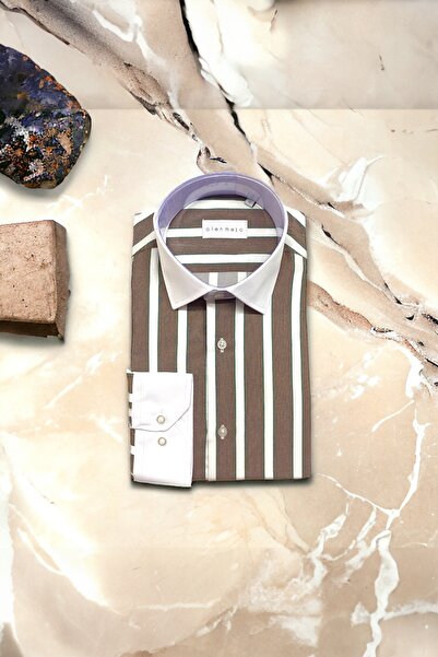 alenmeza Erkek Kahverengi Kalın Çizgili Beyaz Kontrast Yaka Pamuklu Kolay Ütü...