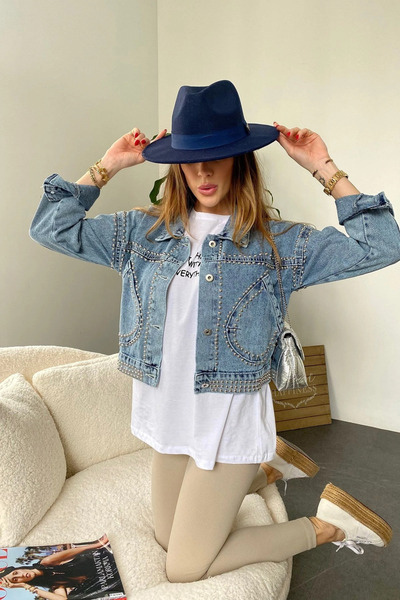 Lady Pixie Tasarım Cep Ve Silver Zımba Detay Crop Jean Ceket