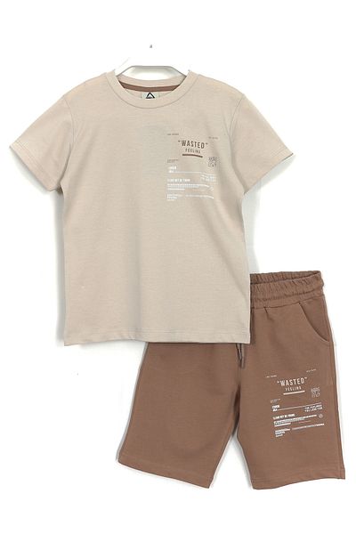 DobaKids Wasted Feeling Slogan Printed Boy's Summer Double Suit 8-15 Years Καφέ