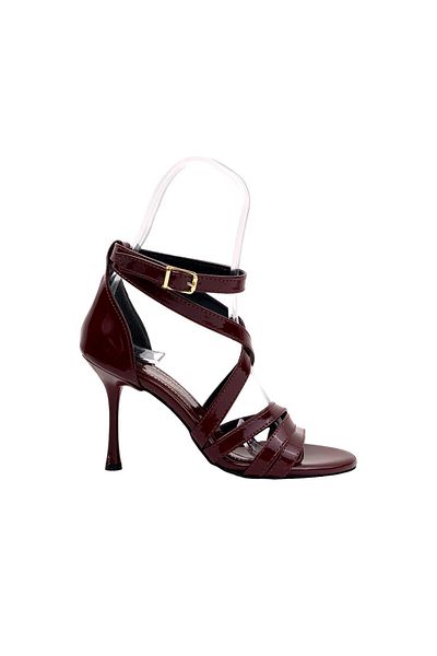 bescobel Women's Densar Claret Red Patent Leather Thin Heeled Tape Detailed Ankle Strap Shoes 10cm 501