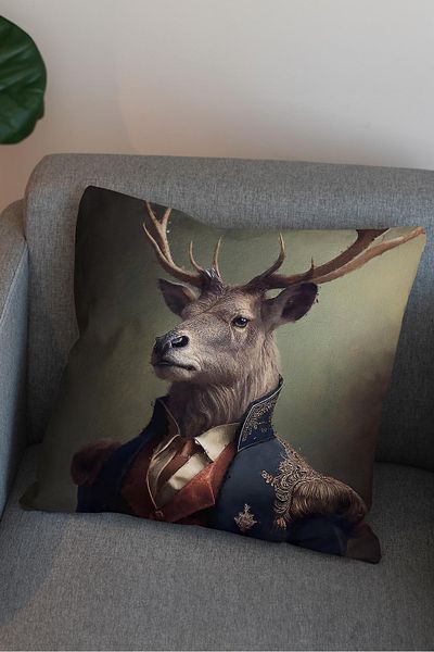 Royalte Față de pernă cu model de cerb Avangard, imprimată digital, cu design animal
